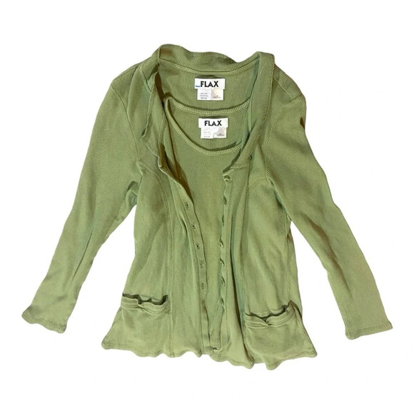 Flax Matching Shell Cardigan Set Waffle Fabric 100% Cotton Thermal Fitted Sz M - Picture 1 of 4